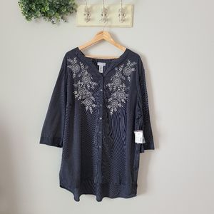 CATHERINES Tunic Top Blue White Stripe Pearls Embr